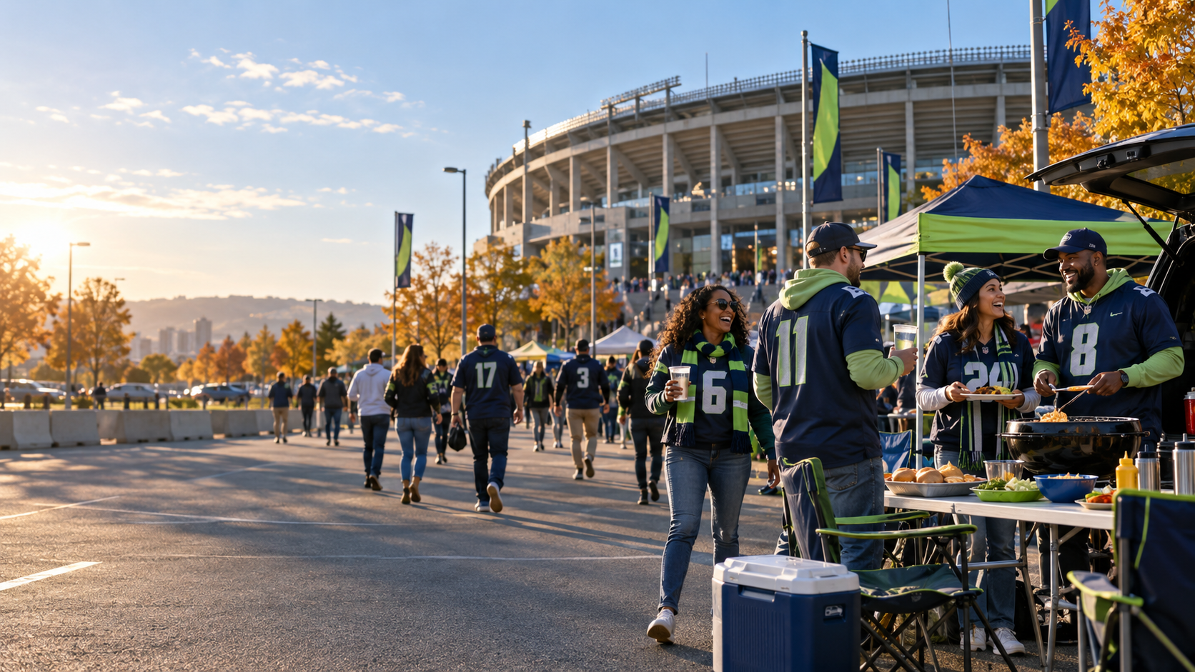 Fans tailgating outside a football stadium